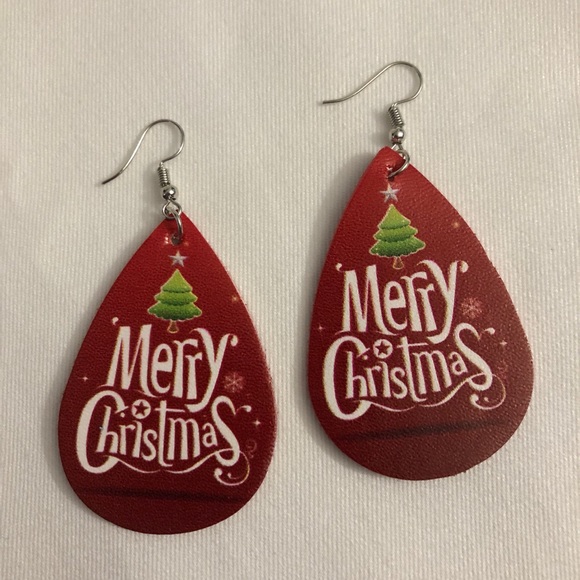 Merry Christmas PU Leather Teardrop Earrings Red - Picture 3 of 5